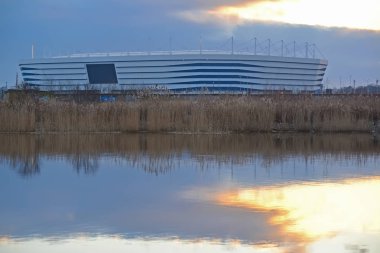 Kaliningrad, Rusya - 04 Şubat 2018: 2018 Dünya Kupası oyunları alacakaranlıkta tutmak için Baltık Arena stadyumu