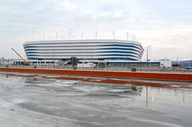 Kaliningrad, Rusya - 12 Mart 2018: 2018 Dünya Kupası oyunları kışın tutmak için Baltık Arena stadyumu bir görünüm
