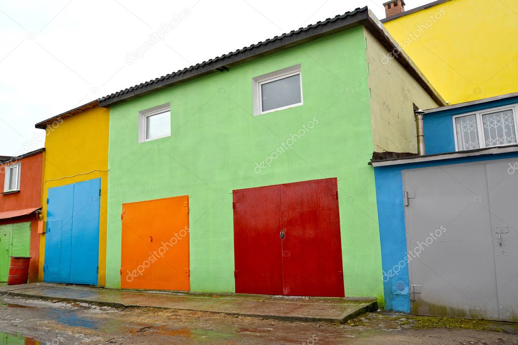 The facades of garages painted in bright colors. Kaliningrad