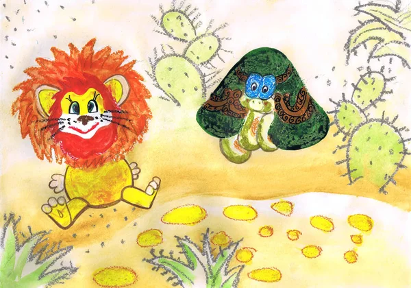 Illustratie bij de animatiefilm "Als the Young Lion en the Turtle zong the Song". Tekening van de kinderen — Stockfoto