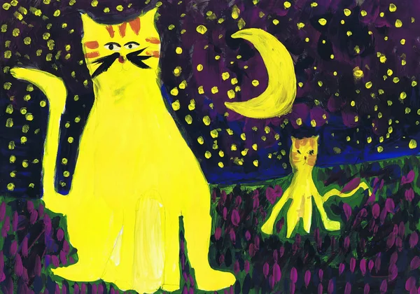 Twee gele katten onder de maan 's nachts. Tekening van de kinderen — Stockfoto