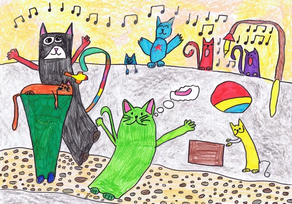 Color cats have fun in the yard. Children\'s drawing
