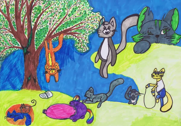 Γάτες παίζουν στο δρόμο. Παιδική ζωγραφική — Φωτογραφία Αρχείου