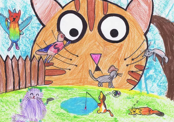 Из жизни кошек. Детский рисунок — стоковое фото
