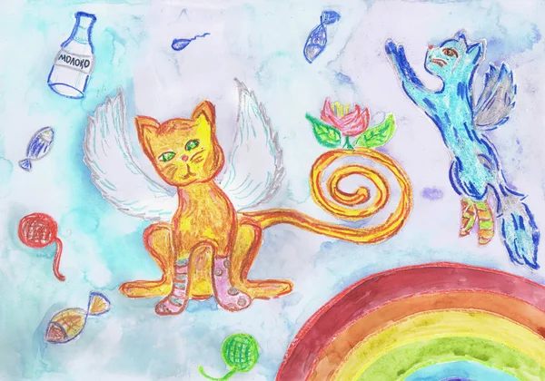 Winged cats and rainbow. Children\'s drawing
