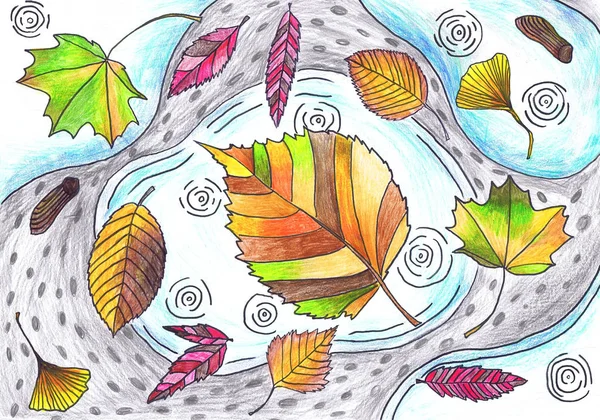 Τα χρωματιστά φθινοπωρινά φύλλα βρίσκονται σε λακκούβες. Παιδικό σχέδιο, μικτή τεχνική — Φωτογραφία Αρχείου