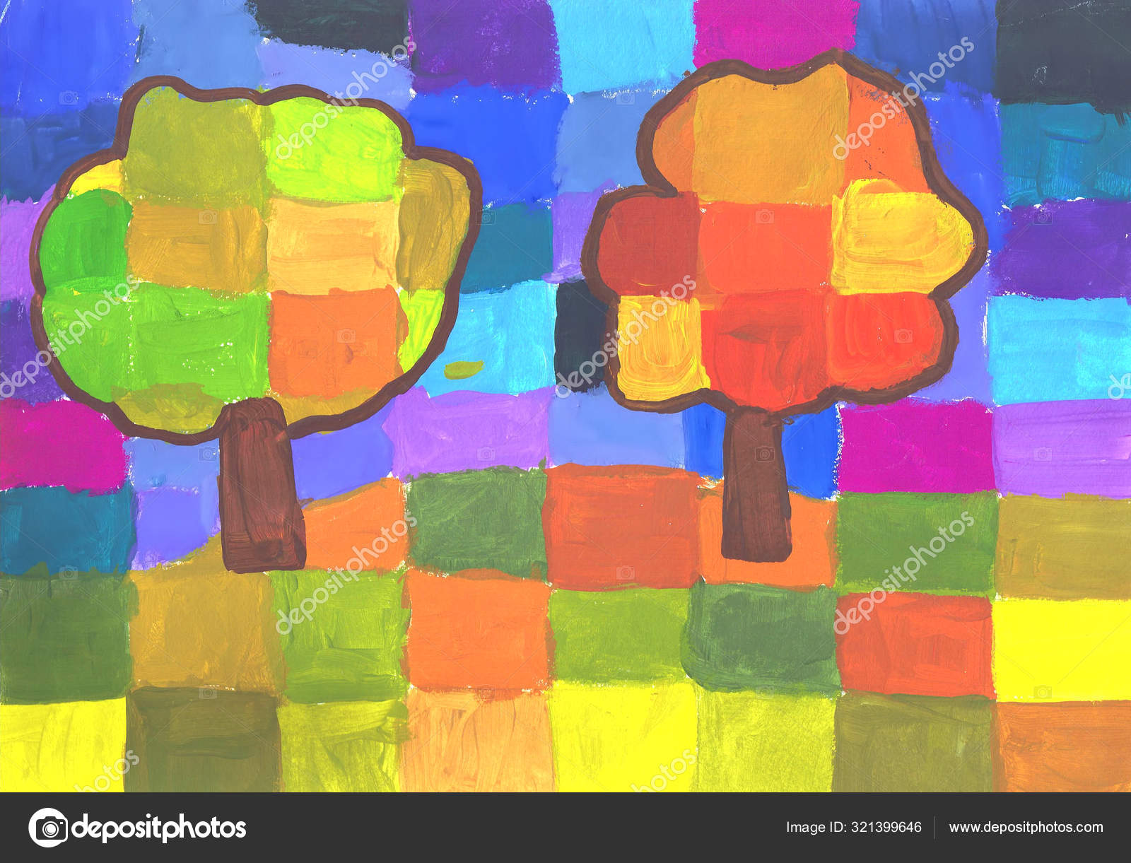 Bright Autumn Trees. Children `s Drawing, Gouache, Paper Stock