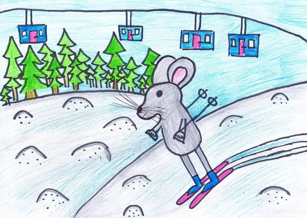 Šedé myší lyže z hor. Dětská kresba — Stock fotografie