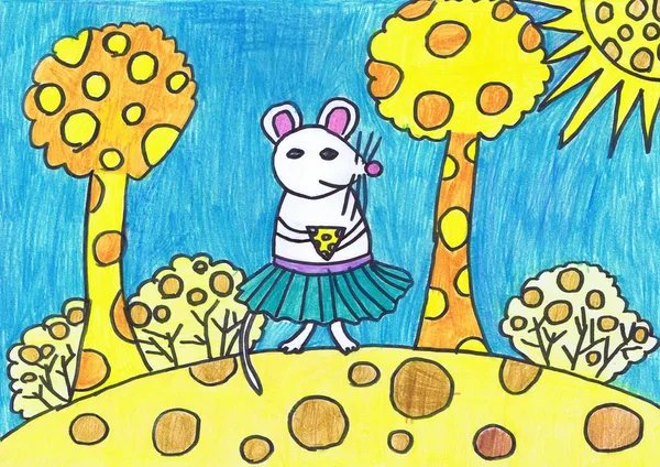 Un ratón blanco con un trozo de queso en las piernas. País de queso. Dibujo infantil — Foto de Stock