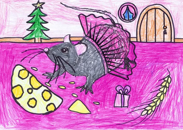 Un ratón gris se sienta cerca de un trozo de queso. Dibujo infantil — Foto de Stock