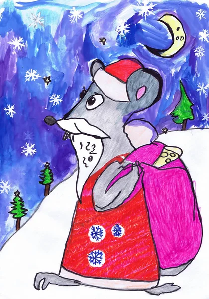 A mouse in Grandfather-Frost \'s suit carries a bag of gifts. Children \'s drawing