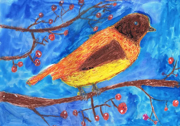 Un ave decorativa se sienta en una ondulación. Dibujo infantil, técnica mixta — Foto de Stock