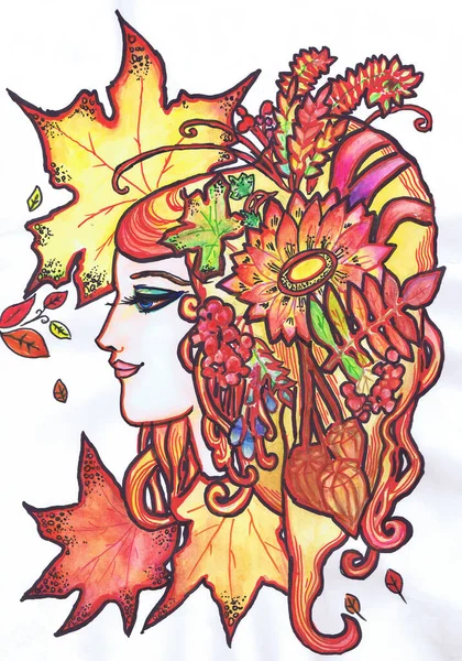 Imagen femenina en la decoración de otoño. Dibujo infantil, técnica mixta — Foto de Stock