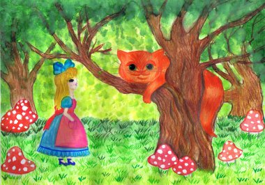 Lewis Carroll 'ın Harikalar Diyarı' ndaki Alice Maceraları 'nın illüstrasyonu. Çocuk çizimi