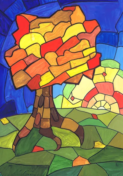 Bright Autumn Tree Sketch Stained Glass Window Children Drawing — Stock Photo, Image