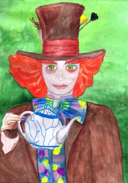 Hatter Has Tea Illustration Lewis Carroll Fairy Tale Alice Adventures — Stock Photo, Image