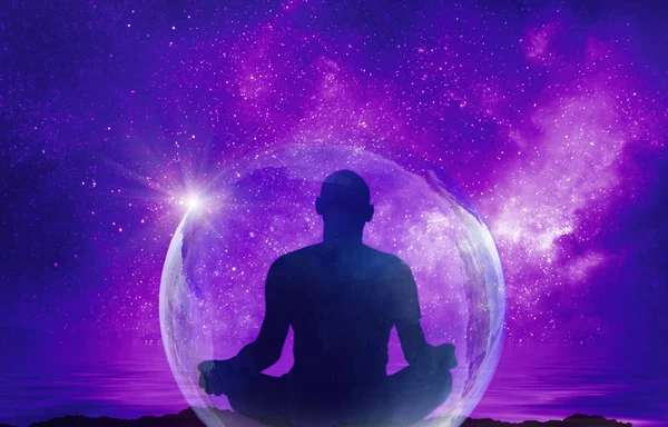 Jóga kozmikus tér meditáció illusztráció, sziluett az ember pra — Stock Fotó