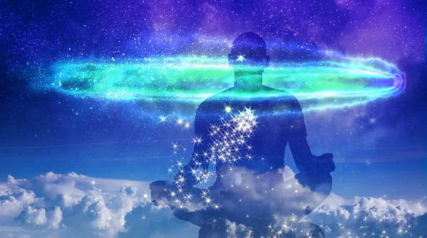 Йога Космічної Космічної Медитації Ілюстрація Силует Людини Практикує Відкритому Повітрі — стокове фото