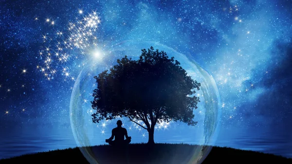 Иллюстрация Космической Медитации Йоги Силуэт Человека Практикующего Ночью Открытом Воздухе — стоковое фото