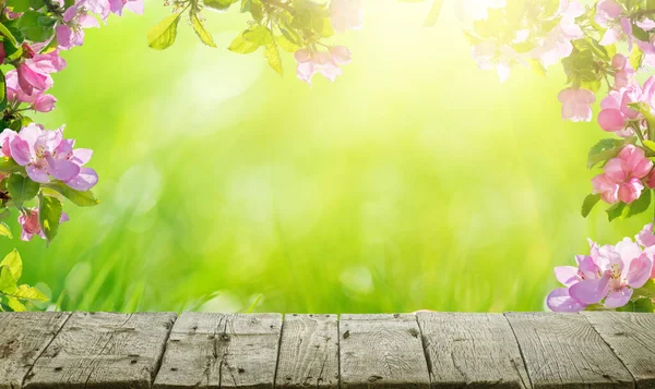 Lente Bloemen Achtergrond Roze Bloesem Houten Tafel — Stockfoto