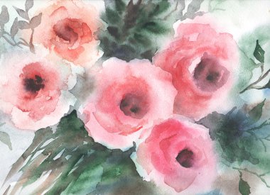 Çiçekler suluboya resim. Pastel renkler. Gül. Bahar. Yaz.