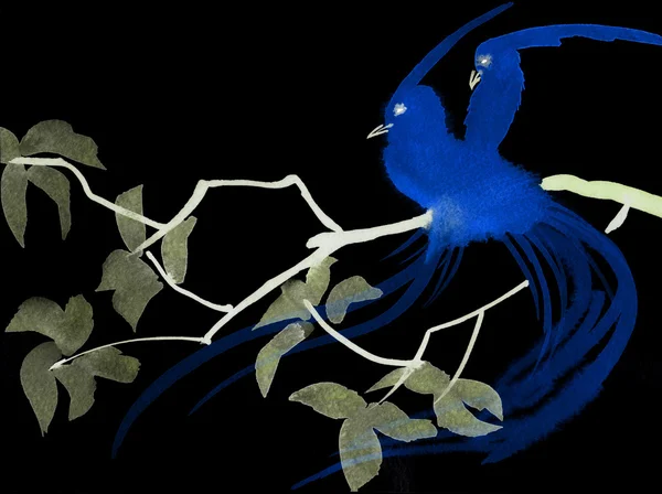 Aquarell-Gemälde von zwei blauen Vögeln auf einem Ast. asiatischer Stil — Stockfoto