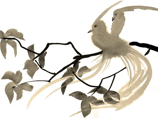 Watercolor painting of two birds on a branch. Asian style. — Stock Photo, Image