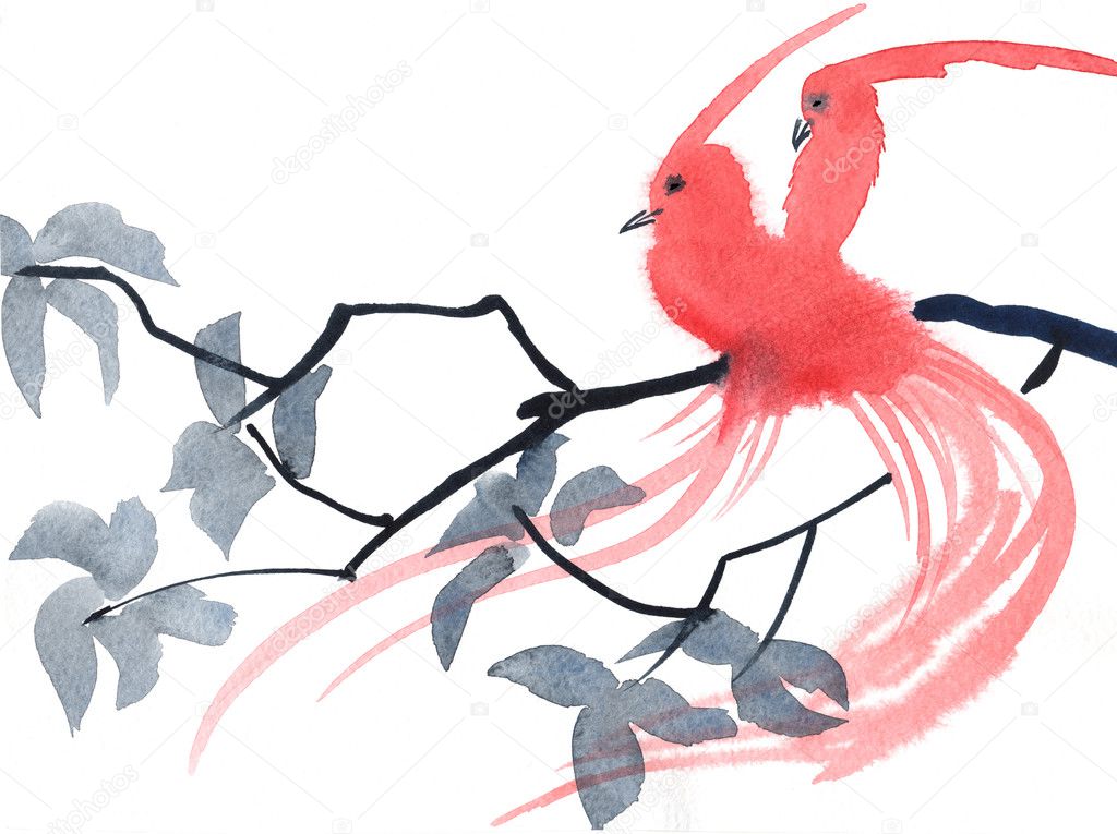 Watercolor painting of two red birds on a branch. Asian style.