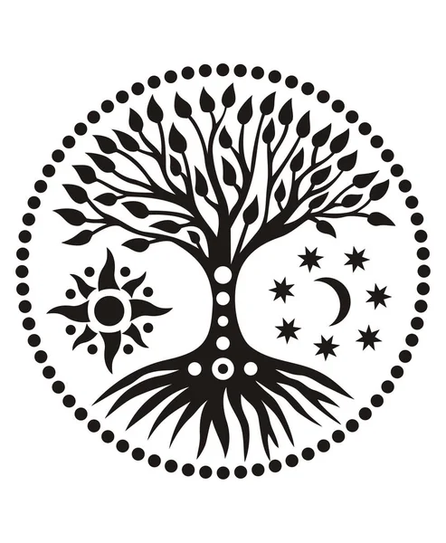 Yaşam ağacı daireler çiziyor. Ruhani ve kutsal bir sembol. Güneş ve Ay. Mandala sanatı. Vektör grafik sanatı.