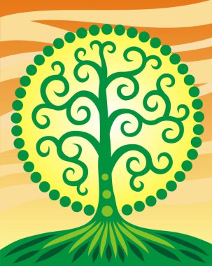 Mandala 'da yaşam ağacı ve turuncu gökyüzü. Spiral sihirli ağaç. Ruhani sembol. Vektör sanat grafikleri.
