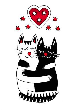 İki sevgi dolu kedi ve kalp. Sevgililer Günü. Birkaç kedi. Sevgi. Pozitif çizim. Piksel sanatı.