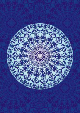 Beyaz mandala bir sanat mavi arka plan üzerinde. Manevi Sembol. Sanatsal arka plan. Döndürme nesnesi. Güzel sanatlar. Vektör grafik sanatı. Logo. Doku.  