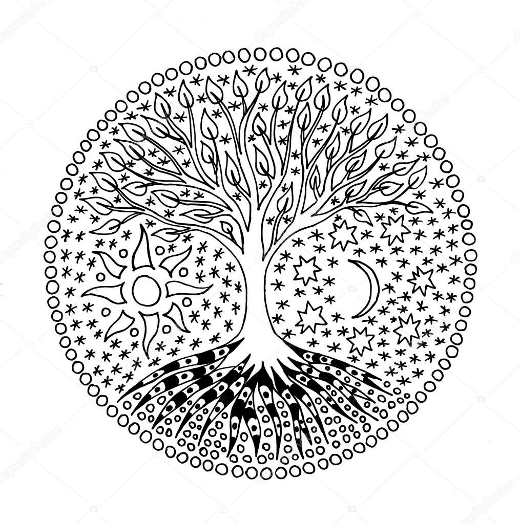 Tree of life in the circle. Mandala. Sun and Moon. Black and white. Pixel art manual graphics.