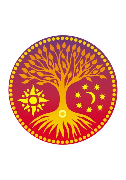 Güneş daire içinde hayat ağacı. Mandala. Hayat, büyüme, gelişme, sağlık sembolü. Manevi sembolü 