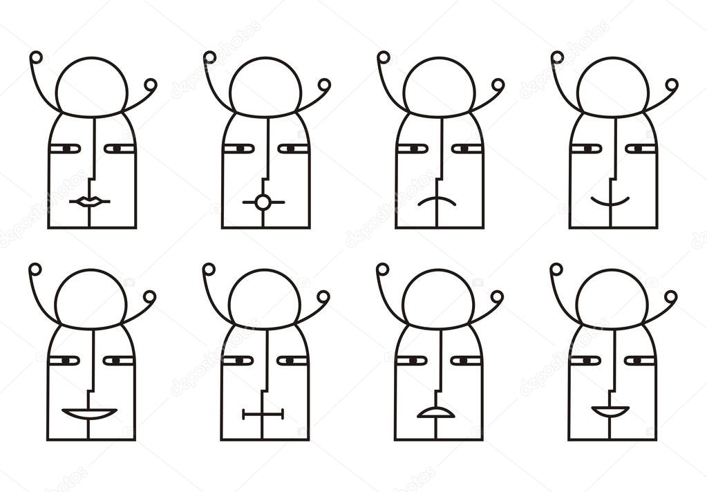 Collection of 8 smiley icons in black and white tone. Pictogram. Different emotions. Funny little man with hat.Vector graphics  art.