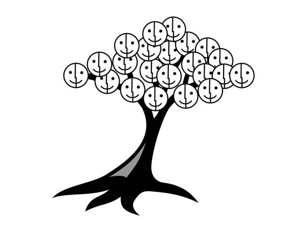 Träd av leenden och glädje. Träd med smiley ansikte istället för blad. Svart och vitt. Livets träd. — Stock vektor
