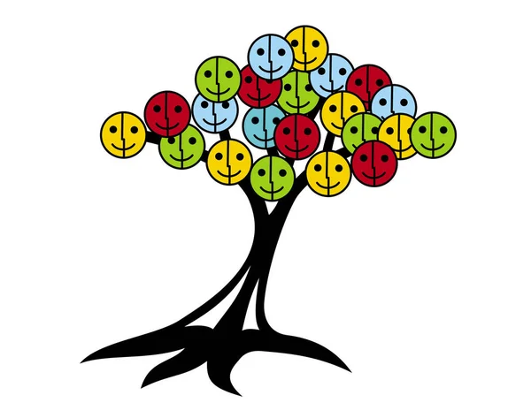 Tree Smiles Joy Tree Smiley Face Instead Leaves Red Green — Stock Vector