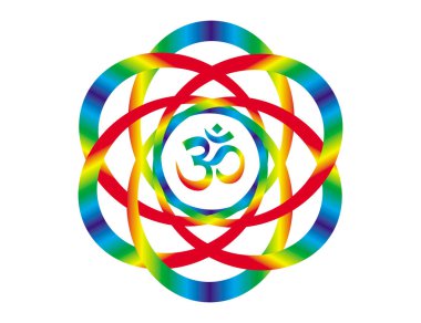 Gökkuşağı mandala Aum/Om/Ohm işareti ile. Soyut sanat nesnesi. Manevi sembolü.