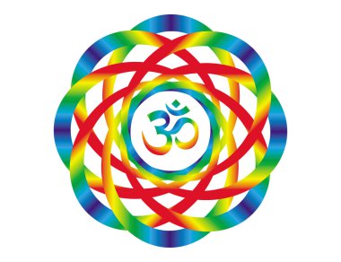 Gökkuşağı mandala Aum/Om/Ohm işareti ile. Soyut sanat nesnesi. Manevi sembolü.