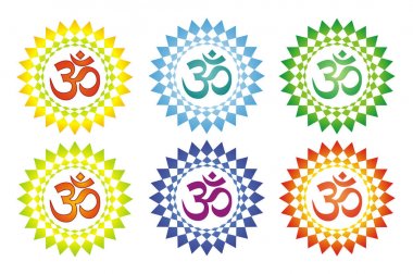 Geometrik halede aum işareti. Mandala Manevi Sembol. 6 renk seçeneği. Vektör çizim resmi