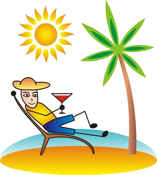 Man Beach Chaise Longue Coast Sea Palm Tree Sun Cartoon — Stock Vector