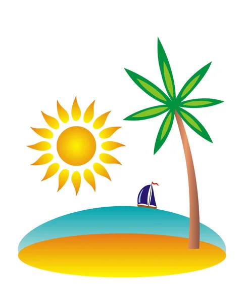 Island Palm Tree Tropical Sea Sun Sand Water Horizon Yacht — Stock Vector