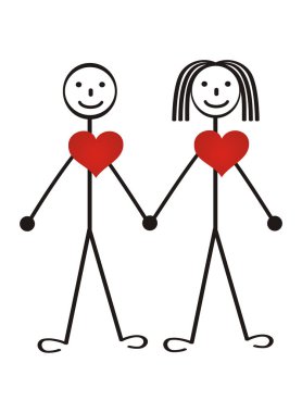 Erkek ve kadın kırmızı kalp sevgi dolu. Mecazi karikatür resmi. Vektör grafikleri