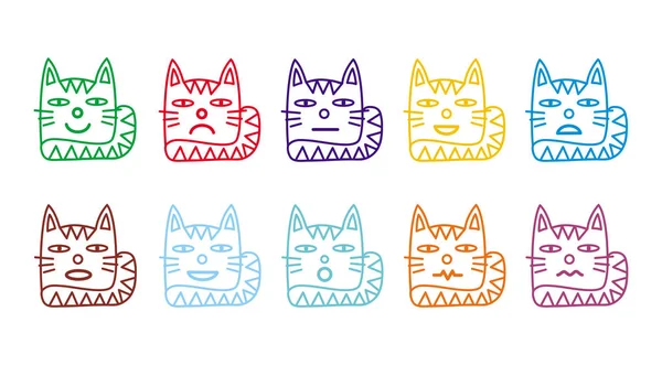 10 ikon buźkę w formie śmieszne koty. Różnorodne emocje dla sieci web. Kolorowe grafiki. — Wektor stockowy