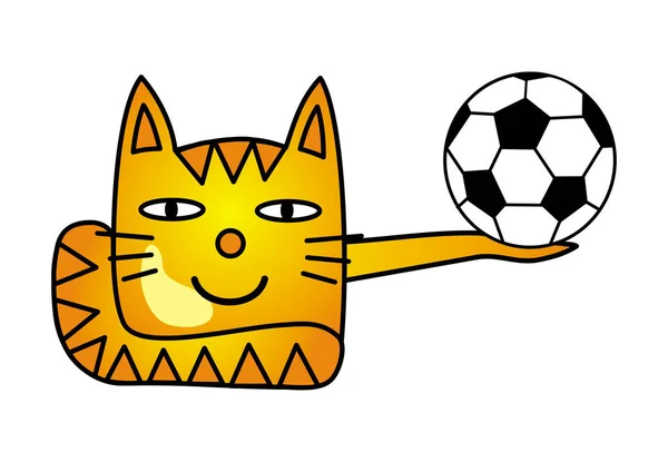 Een cartoon kat met een voetbal. Een grappige tekening. Vectorafbeeldingen. — Stockvector
