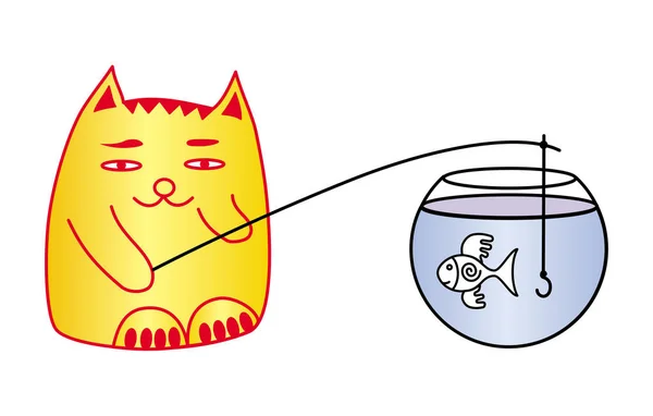 Katze und Fisch im Aquarium. eine Katze fängt Fische. Lustige Cartoonfigur. Vektorgrafik. — Stockvektor