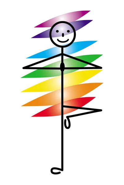 A man Yogi in the pose of a tree and seven chakras rainbow. Schematic cartoon figure. Colorful graphics, vector. — Stock Vector