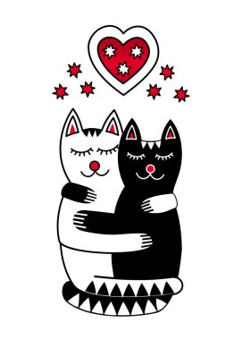 Birbirlerinin kollarında uyuyan iki aşık kediler. Siyah kedi, beyaz kedi ve kırmızı kalp. Sembolik bir resim. Vektör grafikleri