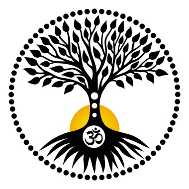 Yaşam ağacı turuncu güneşe karşı daire şeklinde mandala. Ruhani sembolik sembol. Vektör sanat grafikleri.