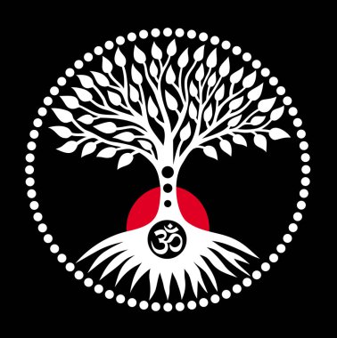 Yaşam ağacı kırmızı güneşe karşı siyah arka planda daire şeklinde mandala. Ruhani sembolik sembol. Vektör sanat grafikleri.